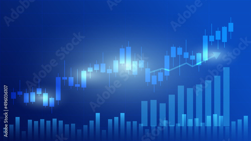 Financial business statistics with bar graph and candlestick chart show stock market price and effective earning on blue background