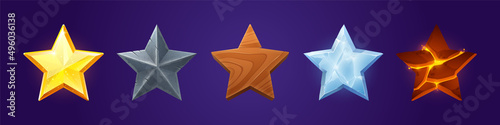 Stars game score elements, Ui, ux or gui rate assets gold, metal, wooden, ice crystal and lava texture for app user interface and display, winner achievement, bonus Cartoon vector illustration, icons