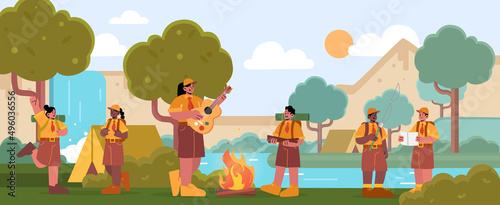 Scout boys and girls with counselor at summer camp with tents. Kids wear uniform camping adventure on nature. Children singing songs at fire, fishing, orienteering, Line art flat vector illustration