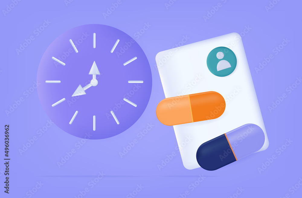 3d pill time. Tablets with prescription and clock. The timing of the