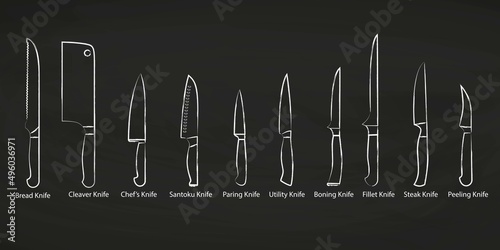 Collection of kitchen knives. Vector illustration on dark background