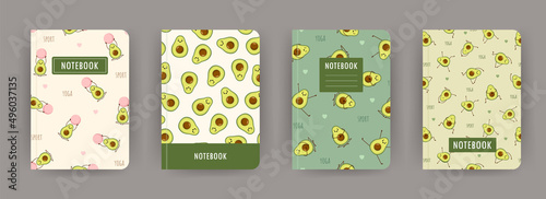 Cover page notebook collection. Templates with cute avocado yoga. Perfect for diary, books, magazines, journals, catalogs, planners and flyers. Vector layouts.