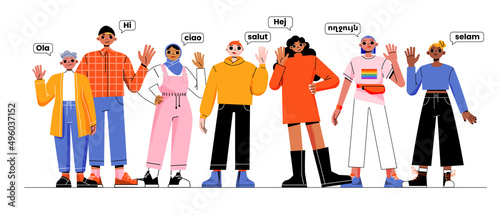 Diverse people group say hello on different foreign languages and waving hands. Multinational happy young male and female characters greetings, friendly gestures, Line art flat vector illustration