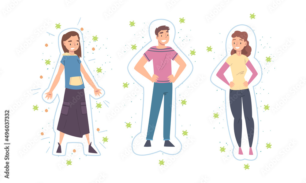 Fototapeta premium Cheerful young people with healthy immune system set. Man and woman protected from virus, bacteria and germs cartoon vector illustration