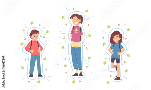 Happy children with healthy immune system set. Virus, bacteria and germs protection concept cartoon vector illustration