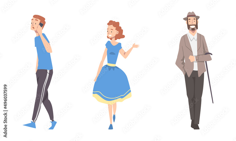 Fototapeta premium Cheerful people walking outdoors set cartoon vector illustration