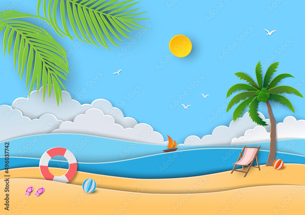 Summertime relaxation with view of blue sea,sand,sun,swim ring,sandals,beach ball and coconut palm tree on paper cut and craft style