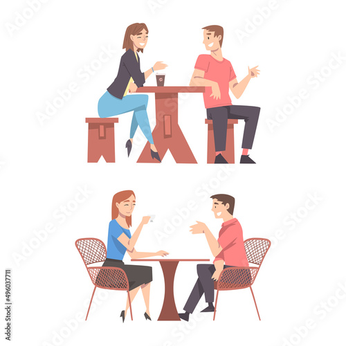 Couple sitting at table in cafe outdoors, drinking coffee and chatting cartoon vector illustration © topvectors