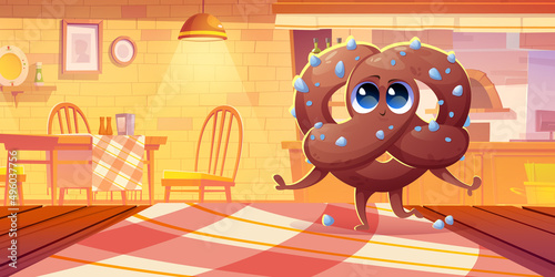 Cute pretzel character in cafe or pizzeria. Vector cartoon illustration of happy german bake, bretzel with salt on wooden counter in restaurant with oven for pizza