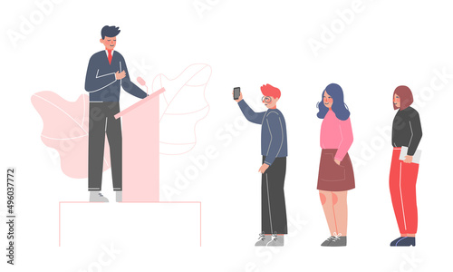 Teenage boy giving speech podium in front of audience vector illustration