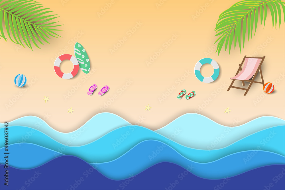 Paper craft tropical beach background,summertime relaxation with view of blue sea and equipment on sand beach