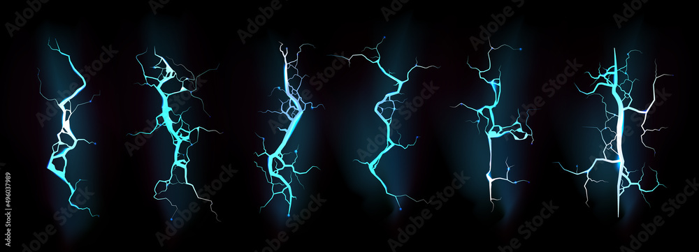 Lightning, electric thunderbolt strike of blue color. Impact, crack, magical energy flash. Powerful electrical discharge, Realistic 3d vector bolts during night storm isolated set on black background