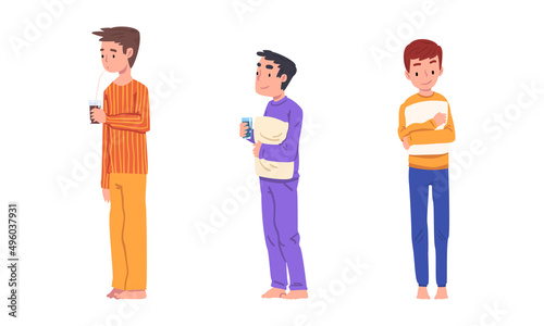 Cute boys in pajamas holding pillows set. Children having slumber party cartoon vector illustration