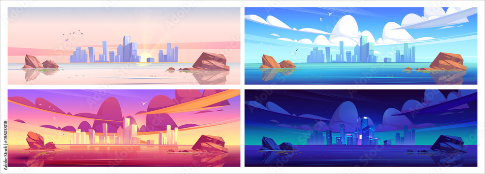 City skyline near waterfront at different time. Modern megapolis architecture, skyscrapers buildings at day, sunset, sunrise and night. Cartoon background for game or postcard Vector illustration, set