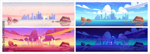 City skyline near waterfront at different time. Modern megapolis architecture  skyscrapers buildings at day  sunset  sunrise and night. Cartoon background for game or postcard Vector illustration  set