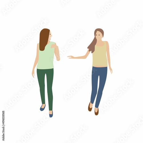 Two girls go and talk. Young women in summer clothes chatting. Conversation of two people walking. People talk. Isolated vector illustration in flat style.
