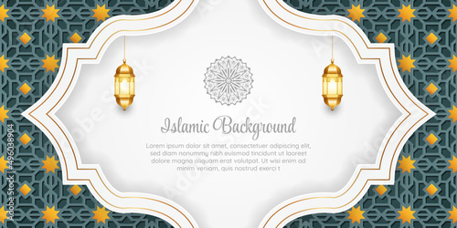 3d white islamic luxury ramadan or ramadhan horizontal banner pattern lantern for eid al fitr or adha ramzan milad un nabi mubarak background