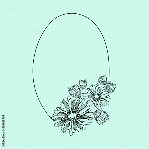 Vector oval frame with gerbera flowers and buds in doodle technique on a green background 