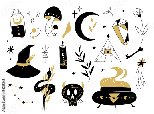 Magic set. Boho esoteric and celestial elements, witch objects. Hand drawn doodle magician emblems, hat, cauldron and skull. Perfect for tattoo, textile, cards and sticker, vector isolated collection