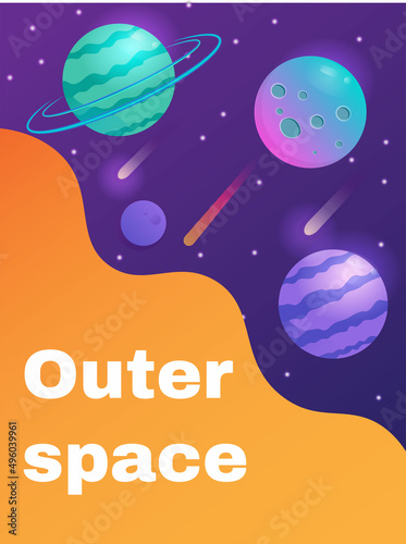 Vector purple space background with planets, stars and comets. Editable template for brochure, flyer. Planets of the solar system illustration