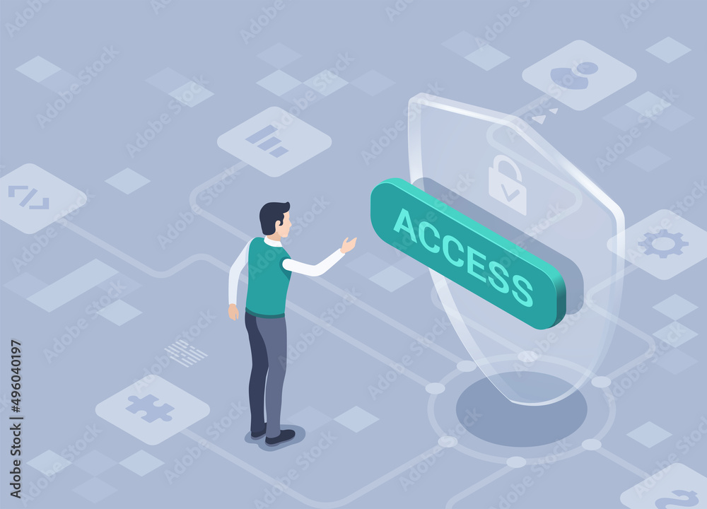 isometric vector illustration on a gray background, a shield with a green button and a lock icon with the inscription access, a man pressing a button isometric vector illustration on a gray background, a shield with a green button and a lock icon with the inscription access, a man pressing a button