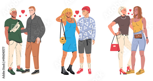 Collection of Different Types of Couples. Set of Various Relationships. Polygyny, Interracial, Gay, Lesbian, Heterosexual People. LGBT Pride, Gender Identity, Love Diversity. Flat Vector Illustration
