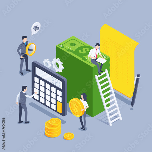 isometric vector illustration on gray background, people in business clothes next to stack of dollar bills and a calculator with documents, accounting and financial work