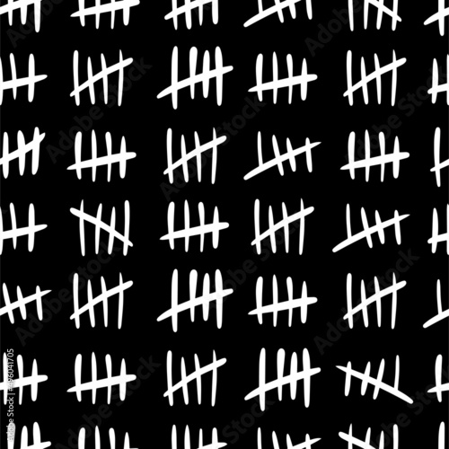Tally mark seamless pattern on a black background. Hand drawn vector illustration. 