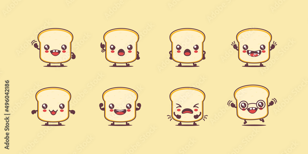 White bread cartoon. food vector illustration. with different faces and expressions