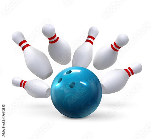 Realistic bowling ball strike hit falling pin skittles. Bowl game sport competition. 3d bowling play target, winning movement vector concept