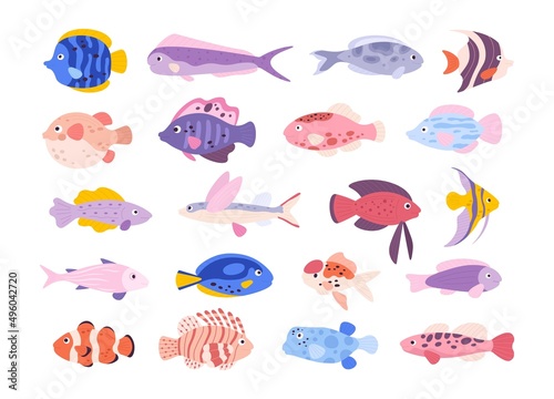 Cartoon cute tropical ocean exotic aquarium fishes. Goldfishes, tetra, barb, angelfish and lionfish. Small freshwater fish pets vector set © Tartila