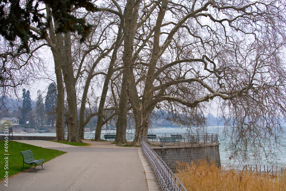 Scenic view from border of Lake Geneva with wooden bench on a gray and cloudy spring day. Photo taken March 18th, 2022, Geneva, Switzerland.
