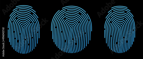 Fingerprint icons set. Personal id identity. Press finger, scan for safety.  Unique touch id. Individual fingertip is verification in police. Semi-simplified fingerprint on black background photo
