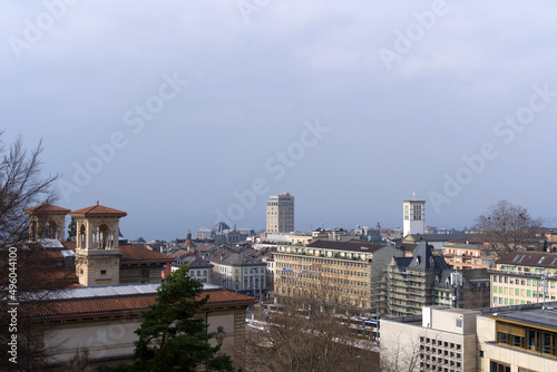 Aerial view over City of Lausanne seen from terrace named Esplanade du Château at on a cloudy spring day. Photo taken March 18th, 2022, Lausanne, Switzerland.