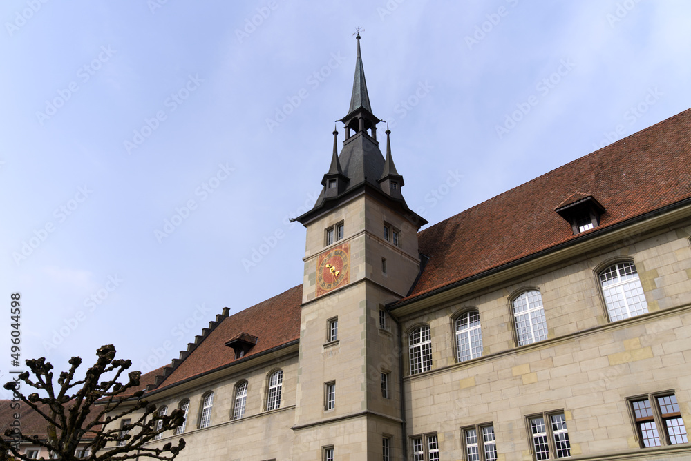 Fototapeta premium The Old Academy at the old town of Lausanne is the first school for protestant theology in French language (building dated 1587). Photo taken March 18th, 2022, Lausanne, Switzerland.