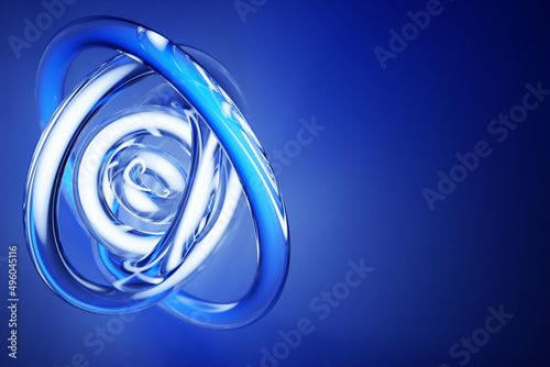 Abstract dynamic  blue neon  shape with blue smooth objects, sides. 3D illustration and rendering. Elegant line background.