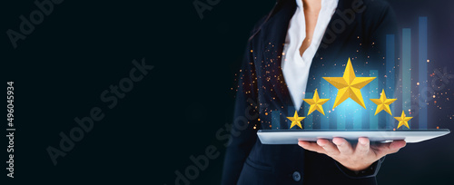 Customer Experience, Recognition reward.Services for Satisfaction five Star Rating marketing.Business woman five Star Feedback.Clients Choosing Satisfaction Rating.Customer Service.Digital technology.