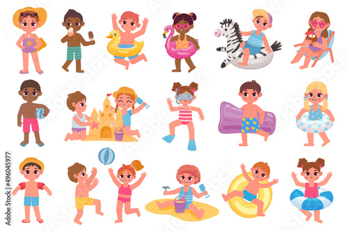 Cartoon kids at summer beach, play with ball