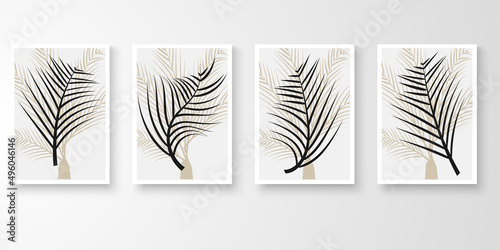 Set of abstract art nature vector. Modern line art drawing. Botanical tropical leave shape earth tone color. Natural wall art vector illustration. © FKVT
