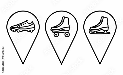 Pin collection. Map pin icons. Location pin in doodle style. Pins pointing to a sports club, competitions, sports equipment store. Design elements for banner, games, mobile app, poster, website