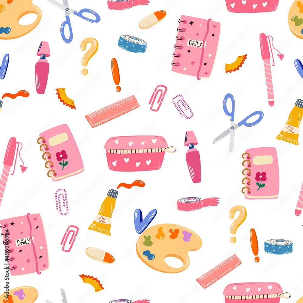 School tools seamless pattern. Stationery background. Back to school. Endless background in childish style for fabric, textile, kids and wallpaper. Vector illustration