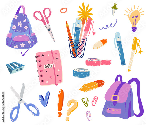 School supplies set. Back to school. Hand draw School equipment icons. Vector cartoon illustration in a flat style on a white background. All objects are isolated