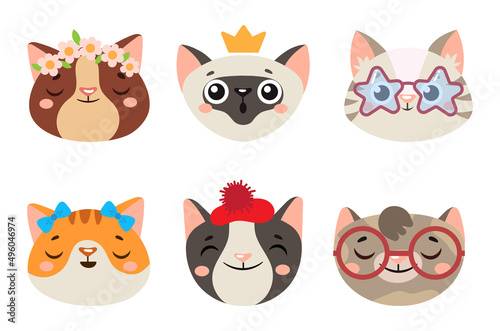 Cute cats heads with glasses and crown