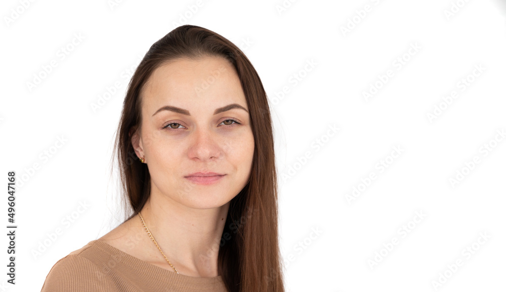 Portrait of young woman with poor eyesight isolated on white. Woman squints eyes and helps focus eyesight Portrait of young woman with poor eyesight isolated on white. Woman squints eyes and helps focus eyesight