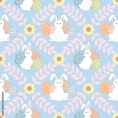Easter seamless pattern on blue background. White bunny with Easter egg. Flat design.