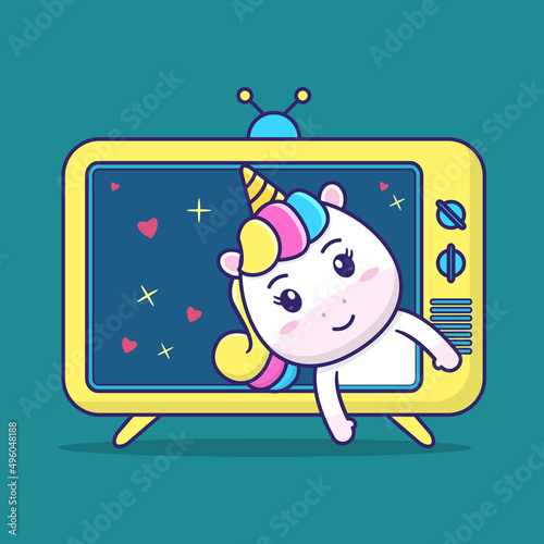 
cute unicorn appears from inside the television,  suitable for children's books, birthday cards, valentine's day, stickers, book covers, greeting cards, printing. 