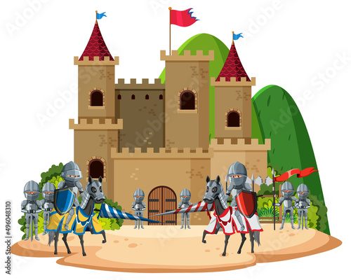 Isolated landscape of medieval castle with armour knights
