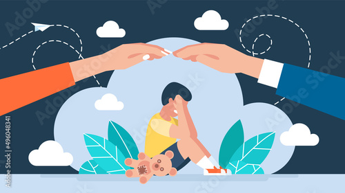 Mom and Dad protect the child from danger. The concept of family importance. The boy is sitting on the floor and crying. Parents take care of the son. Child protection. Flat illustration. Vector