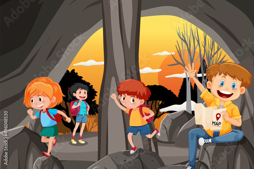 In cave scene with children exploring cartoon character