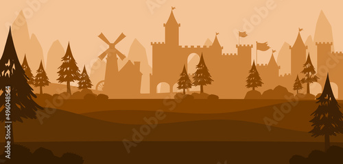 Landscape scene silhouette with medieval town